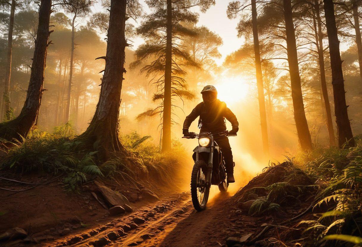 A dynamic scene of a rugged off-road trail enveloped by dense, lush forest, with a biker in full adventure gear expertly navigating a challenging slope. The setting sun casts a golden glow, illuminating the dust trail behind the bike. Capture the thrill, freedom, and challenge of adventure riding. super-realistic. vibrant colors.