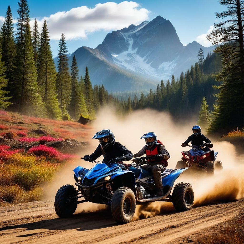 A dynamic scene showcasing a group of diverse powersport enthusiasts riding various vehicles like ATVs, dirt bikes, and snowmobiles in an adrenaline-pumping outdoor setting. The riders are decked out in high-tech, colorful gear, with detailed glimpses of helmets, gloves, and boots. The background features a vivid landscape with mountains, forests, and trails under a clear, sunny sky. super-realistic. vibrant colors.